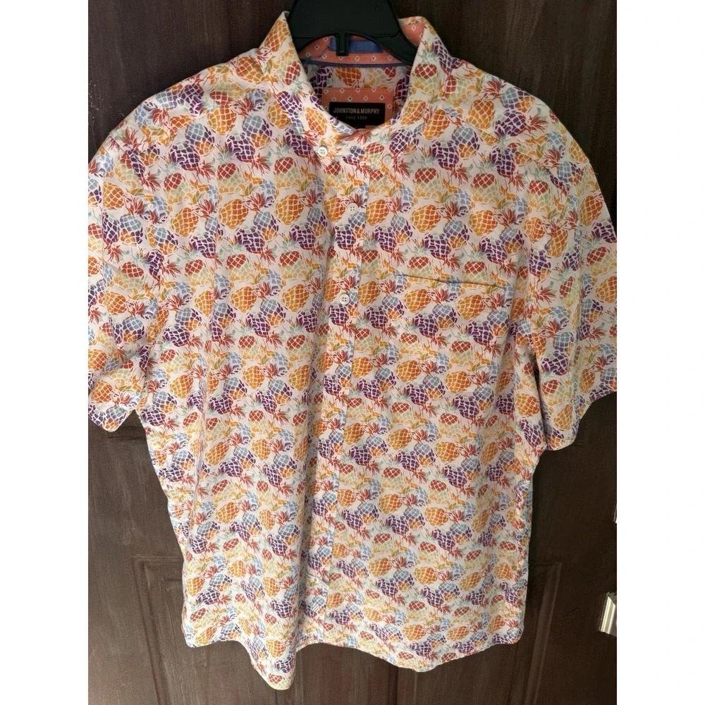 Johnston & Murphy Men L Pineapple Multicolor Button Up Short Slv Tropical Beach - Picture 8 of 9